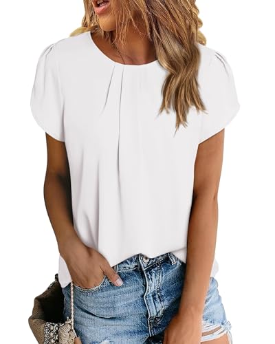 PRETTYGARDEN Damen Tops 2025 Casual Sommer Rundhals Kurzarm Basic Plissee Loose Fit Blusen Einfarbig Tunika Shirts, Weiss/opulenter Garten, Small von PRETTYGARDEN