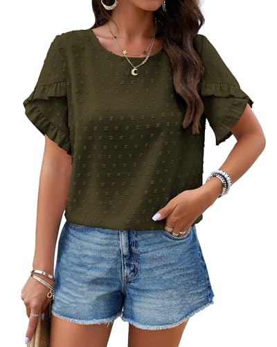 PRETTYGARDEN Damen Tops 2024 Sommer Rüschen Kurzarm Rundhals Blusen Swiss Dots Solid Loose Tunika Arbeitshemden, Grün (Army Green), Groß von PRETTYGARDEN