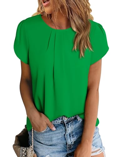 PRETTYGARDEN Damen Tops 2025 Casual Sommer Rundhals Kurzarm Basic Plissee Loose Fit Blusen Einfarbig Tunika Shirts, Grün , Groß von PRETTYGARDEN