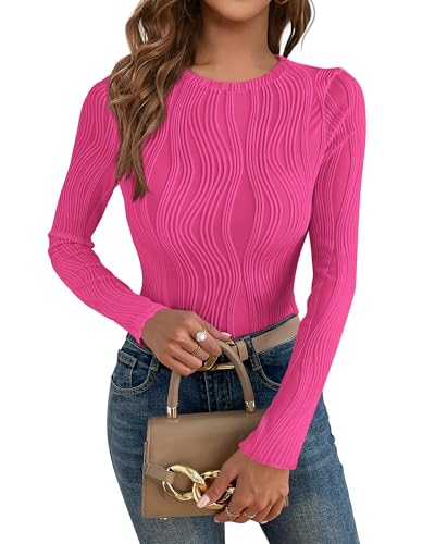 PRETTYGARDEN Damen-Tops 2025 Frühlingsmode Langarm Rundhalsausschnitt Blusen Slim Fit Shirts Strukturstrick Basic T-Shirts, Rosenrot, Klein von PRETTYGARDEN