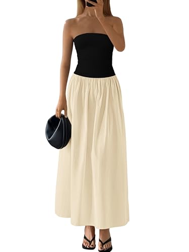 PRETTYGARDEN Damen Trägerloses Maxikleid Schulterfrei Tube Top Casual Bohemian Strand Lange Kleider, Schwarz Apricot, Mittel von PRETTYGARDEN