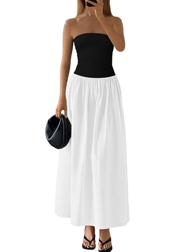PRETTYGARDEN Damen Trägerloses Maxikleid Schulterfrei Tube Top Casual Bohemian Strand Lange Kleider, Schwarz Weiß, Klein von PRETTYGARDEN