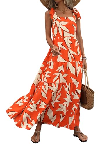 PRETTYGARDEN, Maxikleid für Damen – ärmellos, sommerlich, mit Spaghettiträgern, Stufen und floralem Muster – locker fallend, lang und ideal für den Strand, F-Orange, Groß von PRETTYGARDEN