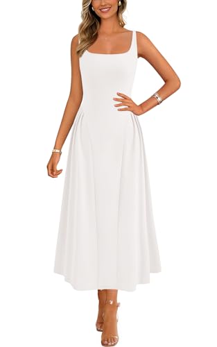 PRETTYGARDEN Einfarbiges, ärmelloses Sommerkleider für Damen, Elegantes Cocktailkleid mit U-Ausschnitt, halbformelles Midikleid, Beige Weiß, Groß von PRETTYGARDEN