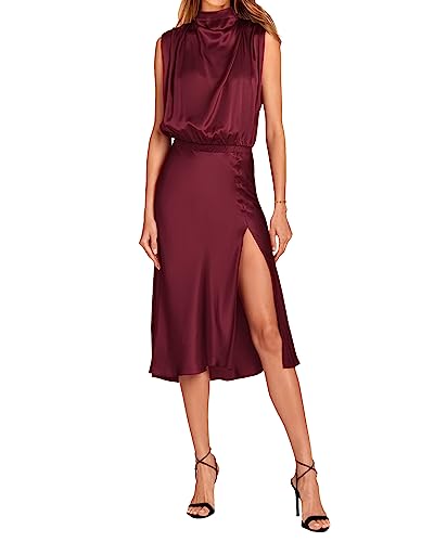 PRETTYGARDEN Frauen Sommer Formale Mock Neck Sleeveless Satin Kleid Elastische Taille Schlitz Midi Hochzeit Gast Kleider 2023, Farbe: Dunkelrot, Mittel von PRETTYGARDEN