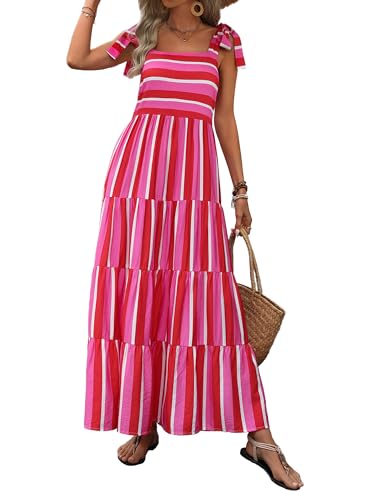 PRETTYGARDEN Gestreiftes Boho-Maxikleid für Damen, Frühling, ärmellos, Spaghettiträger, langes Strandkleid mit Taschen, S-rose rot, X-Groß von PRETTYGARDEN