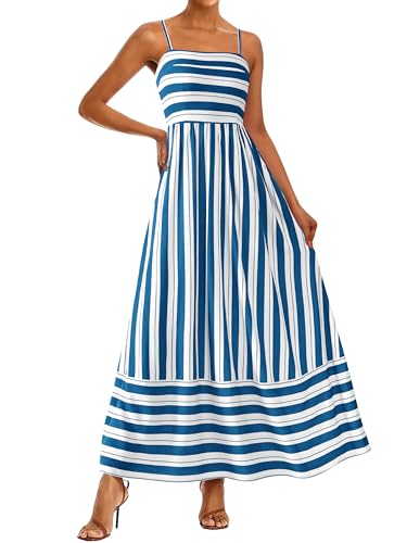 PRETTYGARDEN Sommerkleider für Damen 2025, Strand-Maxikleid, Spaghettiträger, Blumenmuster, Boho, A-Linie, Hochzeitsgast, fließendes langes Kleid, Gestreift Weiß Blau, Groß von PRETTYGARDEN
