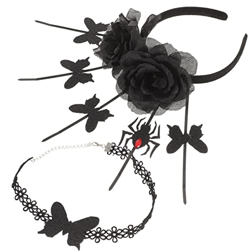 PRETYZOOM Mädchenkleidung Schmuck Schwarze Stirnbänder 1 Set Gothic Halskette Halsband Halloween Rose Teufel Hörner Stirnband Cosplay Zubehör (Fledermaus-Spinne-Stil) Halsband-Halskette von PRETYZOOM