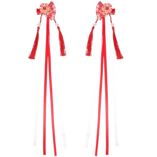 PRETYZOOM 2 Stück Stoff-Haarnadel Im Japanischen Stil Sakura-Fächerform Haarspange Quaste Kopfschmuck Dekorative Blumen-Haarspange Für Damen Und Mädchen Kostüm-Haar-Accessoire Rot von PRETYZOOM