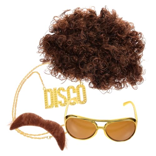 PRETYZOOM 70er Jahre Disco Perücke Set Kette Halskette und Accessoire Party Kostüme von PRETYZOOM