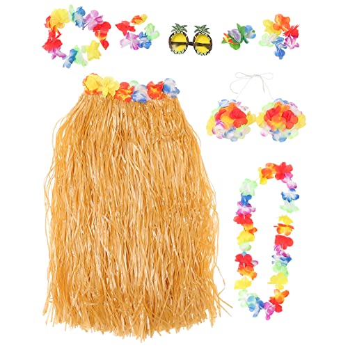Hula Rock Kostüm Zubehör für Hawaii Luau Party Tanzen Hula mit Bikini Top Hawaii Leis Hibiskus Haarspange Ananas Sonnenbrille 8 Stück (60Cm Rock Stroh Farbe) von PRETYZOOM