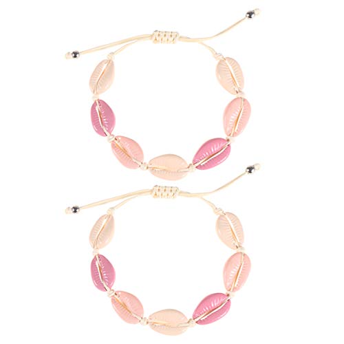 PRETYZOOM Natürliche Kauri Perlen Muschel Fußkettchen Armband Handgemachte Gewebte Manschette Armband Hawaii Boho Strand Handschmuck für Geburtstag 2Pcs Rosa von PRETYZOOM