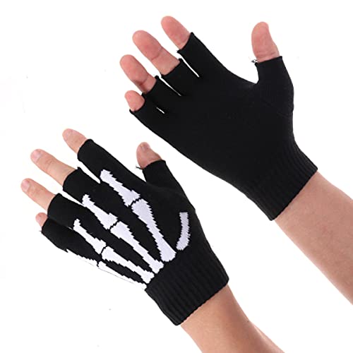 PRETYZOOM Skelett Handschuhe Finger Goth Schädel Männer Hoodie- Stricken Handschuhe Finger Skeleton Muster Halten Warme Weiche Unisex Halb Finger Handschuh- Für Das Tragen Winter Im Freien von PRETYZOOM