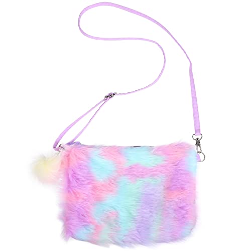 PRETYZOOM Tie Dye Pelzigen Plüsch Crossbody Schulter Geldbörse Regenbogen Faux Pelz Handtasche für Mütter Tag Frauen Brieftasche Tasche Lila von PRETYZOOM