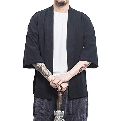 PRIJOUHE Herren Japanische Fashion Kimono Cardigan Übergröße Jacke Yukata Casual Baumwolle Leinen sieben Ärmel leicht - - XX-Large von PRIJOUHE