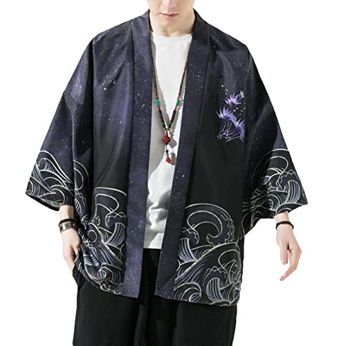 PRIJOUHE Herren Japanische Kimono Cardigan Jacken Casual Langarm Open Front Mantel Leichte Yukata Outwear, Schwarz-37, XXL von PRIJOUHE