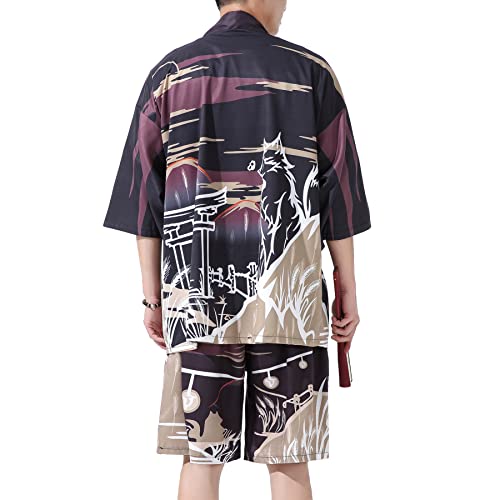 PRIJOUHE Herren Japanischer Stil Kimono Tops Hosen Sets Leicht Casual Seven Sleeves Open Front Cardigan & Shorts, Schwarz7-22, XX-Large von PRIJOUHE