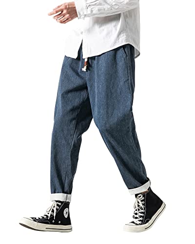 PRIJOUHE Herren Jeans mit elastischem Taillenbund und Kordelzug, legere Passform, konisches Bein, Distressed Jeans Hose, 06-blau, Mittel von PRIJOUHE