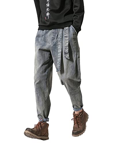 PRIJOUHE Herren-Jeans mit elastischer Taille, Kordelzug, leger, normale Passform, schmales Bein, Used-Look, 47-dunkelgrau, Groß von PRIJOUHE