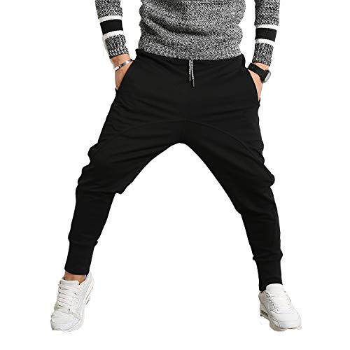 PRIJOUHE Herren Jogger Sweatpants Low Crotch Sweats Slim Fit Hose Harem Hip Hop Pants - Schwarz - X-Klein von PRIJOUHE