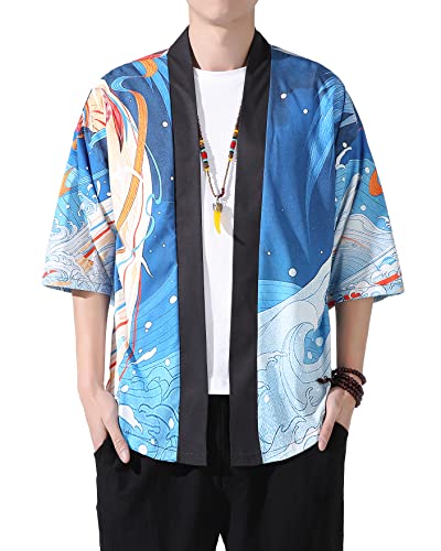 PRIJOUHE Herren Kimono Cardigan Jacke Japanischen Stil Fliegende Kranich Sieben Ärmel Offene Front Mantel, Blau1-83, Mittel von PRIJOUHE