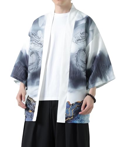 PRIJOUHE Herren Kimono Cardigan Jacke Japanischer Stil Flying Crane Sieben Ärmel Open Front Coat, 86, Weiß, X-Large von PRIJOUHE
