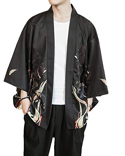 PRIJOUHE Herren Kimono Cardigan Jacke Japanischer Stil Flying Crane Sieben Ärmel Open Front Coat, Schwarz 03-1, Medium von PRIJOUHE