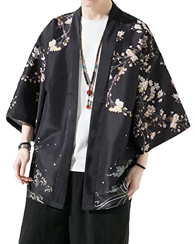 PRIJOUHE Herren Kimono Cardigan Jacke Japanischer Stil Flying Crane Sieben Ärmel Open Front Coat, Schwarz-36, Medium von PRIJOUHE