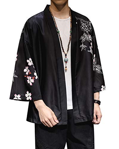 PRIJOUHE Herren Kimono Cardigan Jacke Japanischer Stil Flying Crane Sieben Ärmel Open Front Coat, Schwarz2, M von PRIJOUHE