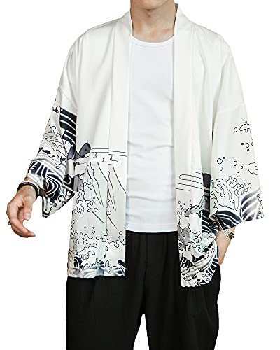 PRIJOUHE Herren Kimono Cardigan Jacke Japanischer Stil Flying Crane Sieben Ärmel Open Front Coat, White03, XX-Large von PRIJOUHE