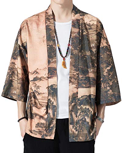 PRIJOUHE Herren Kimono Cardigan Jacke Japanischer Stil Flying Crane Sieben Ärmel Vorne Offen Mantel - - Medium von PRIJOUHE