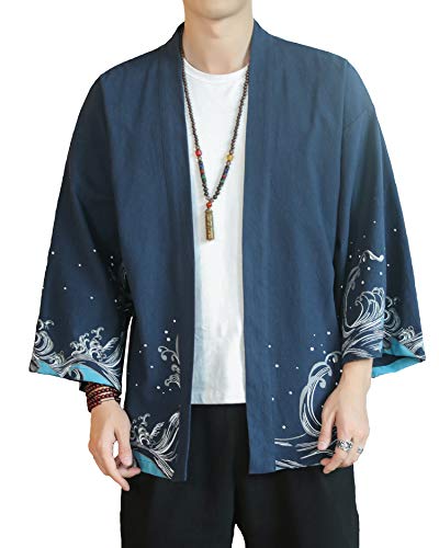 PRIJOUHE Herren Kimono Jacken Cardigan Casual Baumwollmischung Leinen sieben Ärmel Offene Vorderseite Stickerei Mantel - - XX-Large von PRIJOUHE