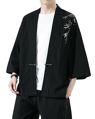 PRIJOUHE Herren Kimono Jacken Cardigan Casual Baumwollmischungen Leinen Sieben Ärmel Open Front Stickerei Mantel, 35-schwarz, XX-Large von PRIJOUHE