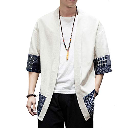 PRIJOUHE Herren Kimono Jacken Cardigan Leichte Casual Baumwollmischung Leinen sieben Ärmel Offene Vorderseite Mantel Outwear - - X-Large von PRIJOUHE