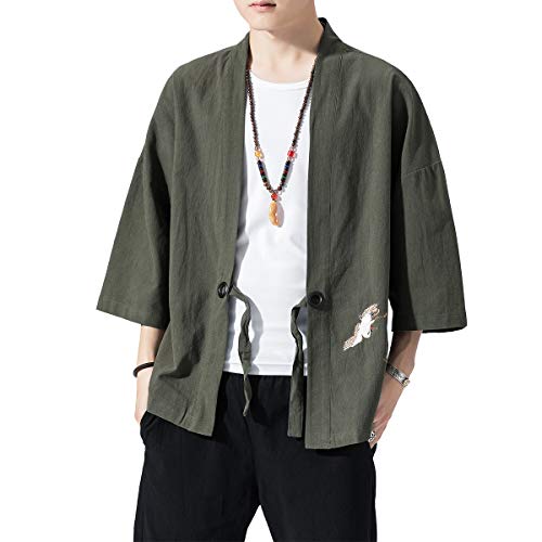 PRIJOUHE Herren Kimono Jacken Cardigan Leichte Casual Baumwollmischung Leinen sieben Ärmel offen Front Mantel Outwear - - X-Groß von PRIJOUHE