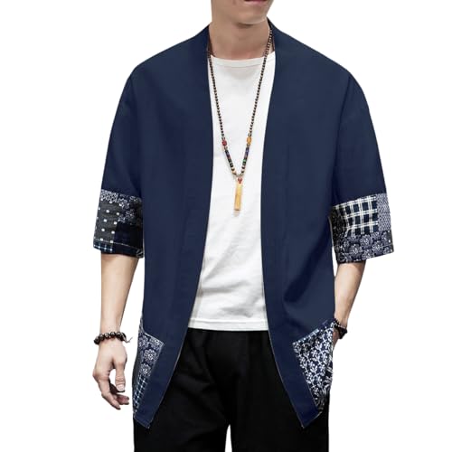 PRIJOUHE Herren Kimono Jacken Cardigan Leichte Casual Baumwollmischungen Leinen Sieben Ärmel Open Front Coat Outwear, 01-navy, X-Large von PRIJOUHE