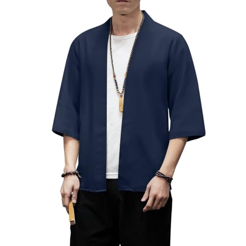 PRIJOUHE Herren Kimono Jacken Cardigan Leichte Casual Baumwollmischungen Leinen Sieben Ärmel Open Front Coat Outwear, 02 Navy, X-Large von PRIJOUHE
