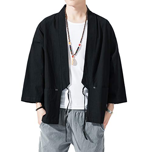 PRIJOUHE Herren-Kimono-Jacken, Cardigan, leicht, lässig, Baumwollmischungen, Leinen, sieben Ärmel, offene Vorderseite, Mantel, Outwear, 13 Schwarz, Mittel von PRIJOUHE