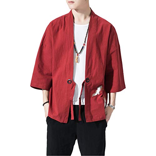 PRIJOUHE Herren Kimono Jacken Cardigan Leichte Casual Baumwollmischungen Leinen Sieben Ärmel Open Front Coat Outwear, 08 Rot, X-Large von PRIJOUHE