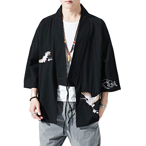 PRIJOUHE Herren Kimono Jacken Cardigan Leichte Casual Baumwollmischungen Leinen Sieben Ärmel Open Front Coat Outwear, 12 schwarz, Large von PRIJOUHE