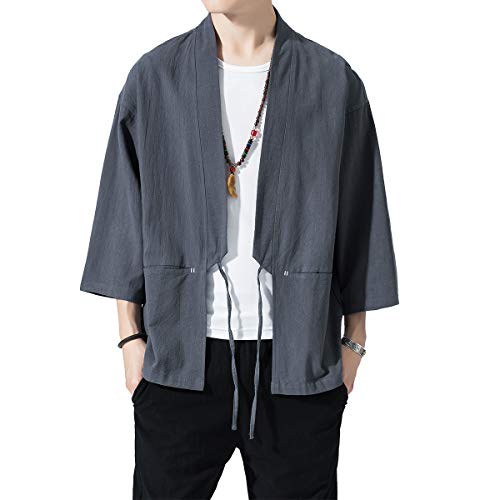 PRIJOUHE Herren Kimono Jacken Cardigan Leichte Casual Baumwollmischungen Leinen Sieben Ärmel Open Front Coat Outwear, 13 Grau, XX-Large von PRIJOUHE