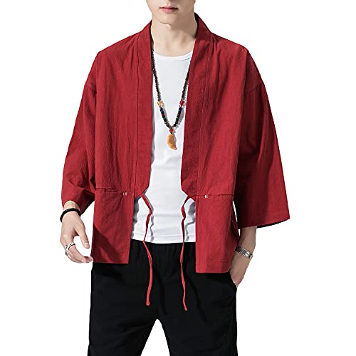 PRIJOUHE Herren Kimono Jacken Cardigan Leichte Casual Baumwollmischungen Leinen Sieben Ärmel Open Front Coat Outwear, 13 Rot, Medium von PRIJOUHE