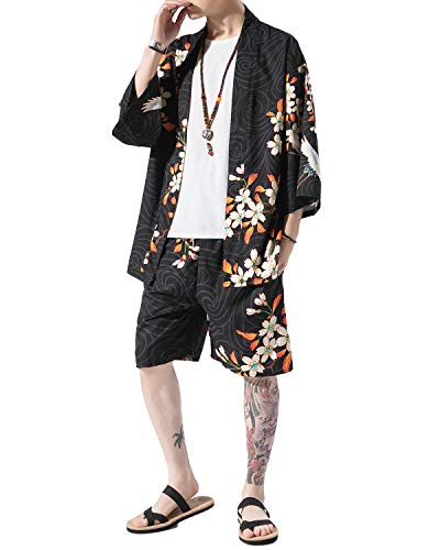 PRIJOUHE Herren Kimono-Top / Hose, japanischer Stil, leicht, lässig, 7 Ärmel, vorne offen, Cardigan und Shorts - Schwarz - Groß von PRIJOUHE