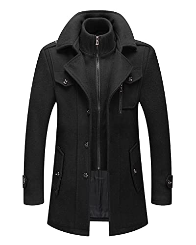 PRIJOUHE Herren-Woll-Trenchcoat, normale Passform, mittellang, geknöpftes Revers, Übermantel mit abnehmbarem Kragen, schwarz, X-Large von PRIJOUHE