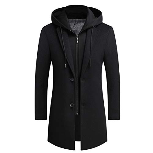 PRIJOUHE Herren Wollmantel Hoodie Lange Trenchcoat Baumwolle Casual Wollmantel Jacke, Schwarz-09, L von PRIJOUHE