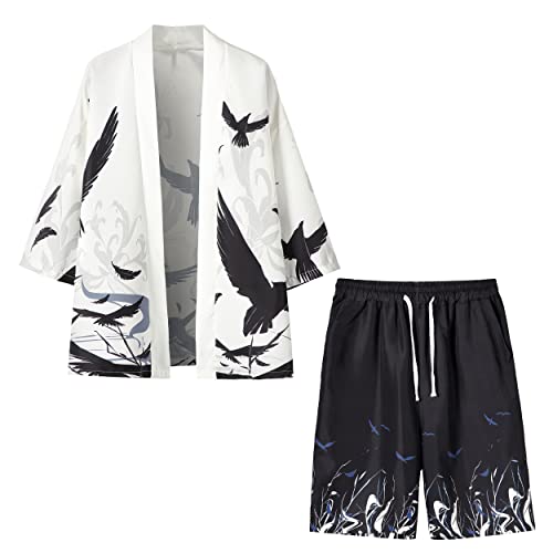 PRIJOUHE Japanischer Kimono-Mantel für Herren, lockere Passform, offene Vorderseite, sieben Ärmel, Kimono-Cardigan mit Shorts, Schwarz-13, XX-Large von PRIJOUHE