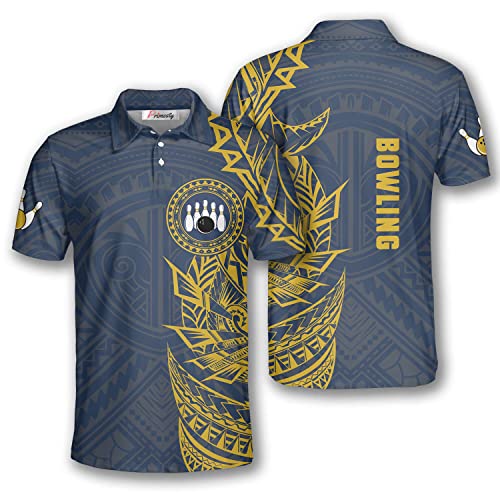 PRIMESTY Bowling Shirts für Herren, Kurzarm Bowling Trikots für Team, Bowling Herren Poloshirts, Gelb-blaues Tribal-Tattoo, XX-Large von PRIMESTY