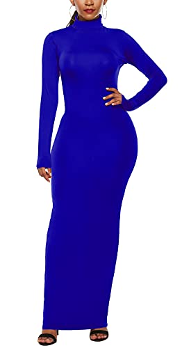 PRIMODA Damen Rollkragen Langarm Bodycon Maxikleid Casual Langes Kleid, (Rollkragen) königsblau, Klein von PRIMODA