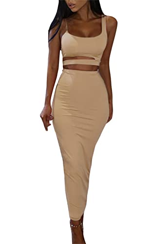 PRIMODA Damen Sexy Asymmetrisches Spaghettiträgerkleid Quadratischer Ausschnitt Ärmellos Bodycon Midi Club Kleid - Braun - Mittel von PRIMODA