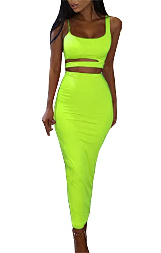 PRIMODA Damen Sexy Asymmetrisches Spaghettiträgerkleid quadratischer Ausschnitt ärmellos Bodycon Midi Club Kleid, Neon-Grün, X-Groß von PRIMODA